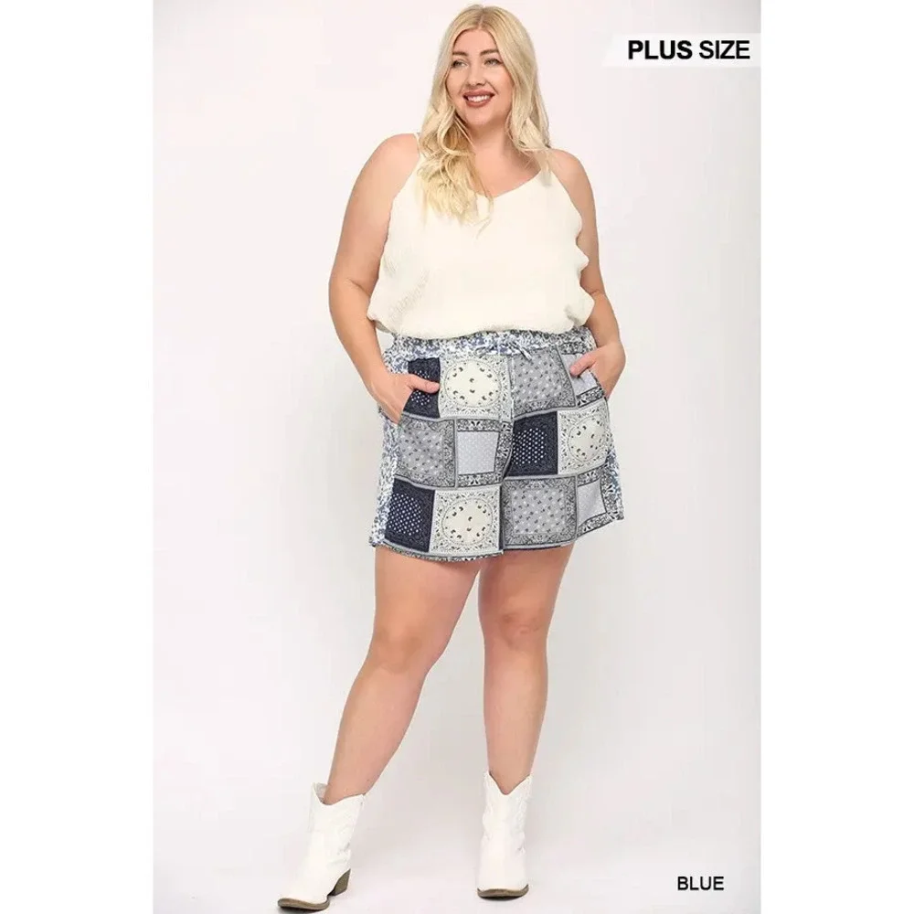 PH1178 B GiGio Patchwork Print Mixed and Elastic Waist Shorts Plus Sizes
